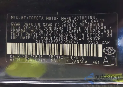 2012 Toyota Corolla Le z USA, uszkodzony, nr VIN 2T1BU4EE6CC854042